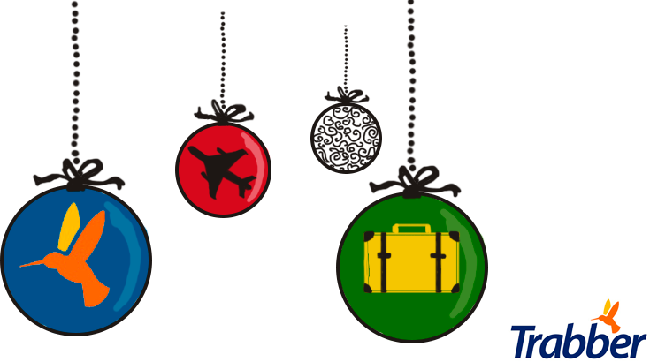 Ilustración de unas bolas de Navidad con el logo de Trabber y motivos relacionados con los viajes. 