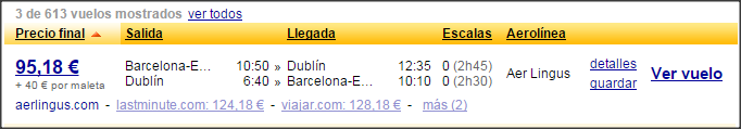 Captura de un vuelo con descuento de Aer Lingus.