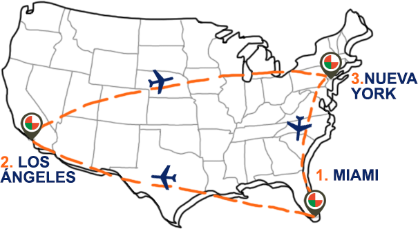 Ejemplo de un vuelo multidestino triangular en Estados Unidos.