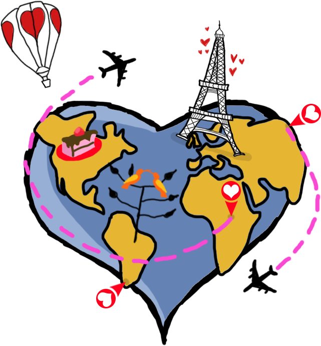 Un corazón que es como un planeta tierra. Alrededor hay monumentos, aviones y símbolos de San Valentín.
