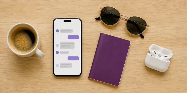 Un móvil con una conversación de chat sobre una mesa, junto a un pasaporte, unas gafas de sol y un café